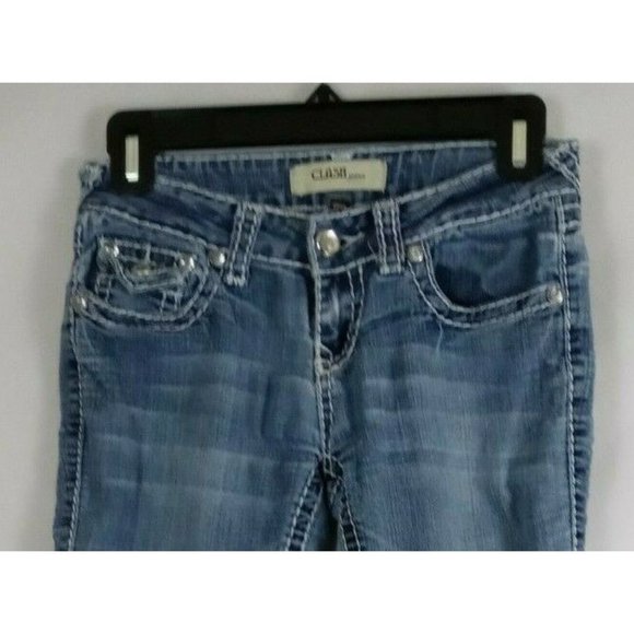 Clash Women's Distressed Whiskered Embroidered Jewel Frayed Cuff Jeans Size 3 - Picture 4 of 11